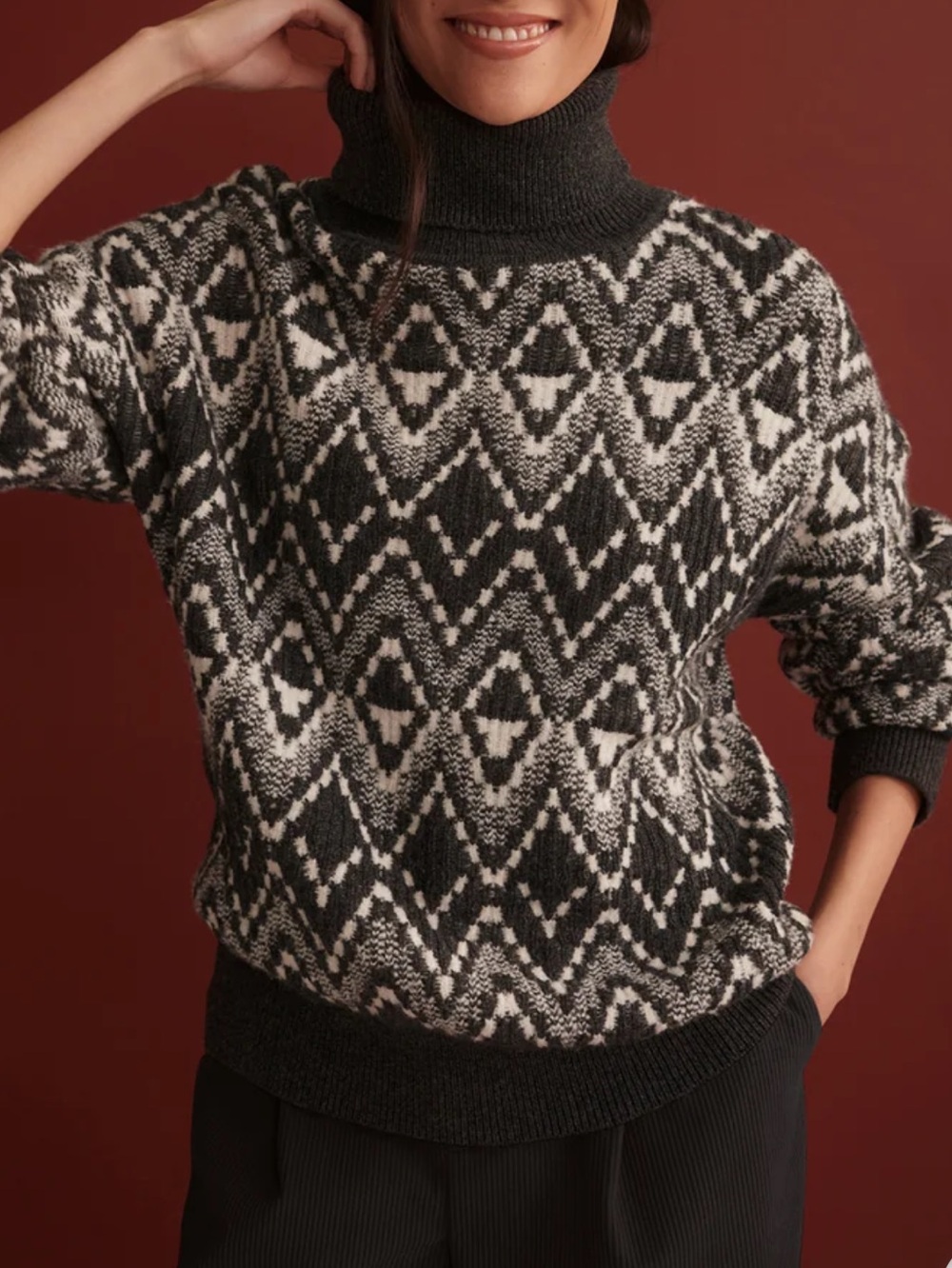 Varley Relaxed Fairisle Sweater Ida Roll Neck Knit New Medium Charcoal Grey - Picture 4 of 16